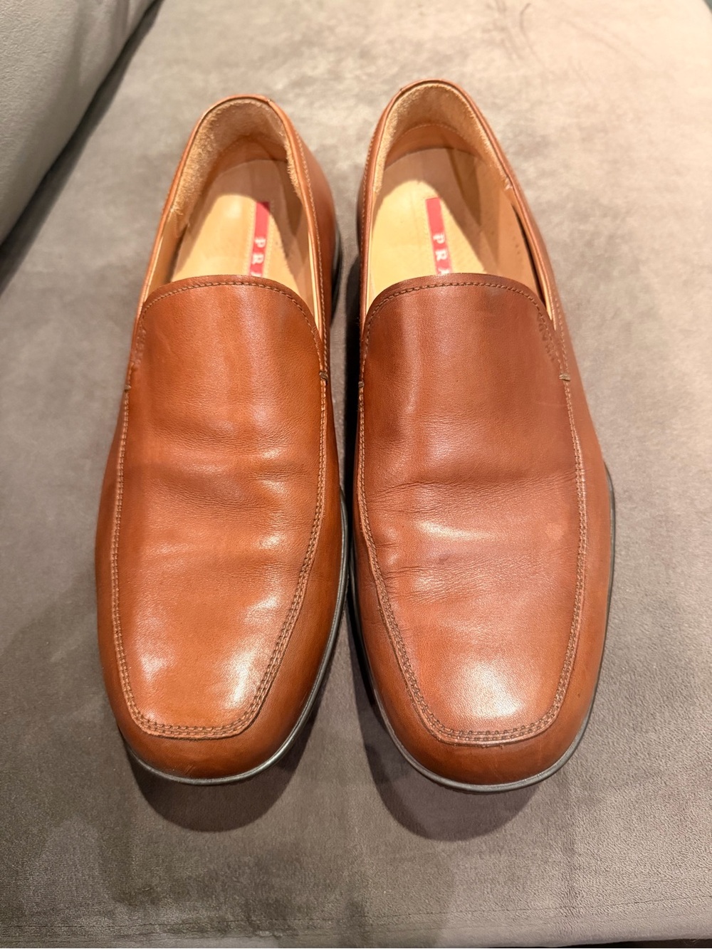 Prada Men's Cognac Leather Slip-On Loafers